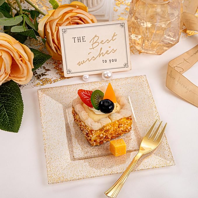 supernal 200pcs 6" Gold Dessert Plates Glitter with 5.7" Plastic Forks,Disposable Square Plates for 100 Guests,Party Plastic Salad Plate Appetizer Square Plates Suit for Party, Wedding