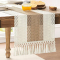 Macrame Style Bicolor Stitching Table Runner 14x108in Brown | Woven Boho Table by ZEEMARTONLINE