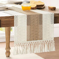 Macrame Style Bicolor Stitching Table Runner 14x90in Brown | Woven Boho Table by ZEEMARTONLINE