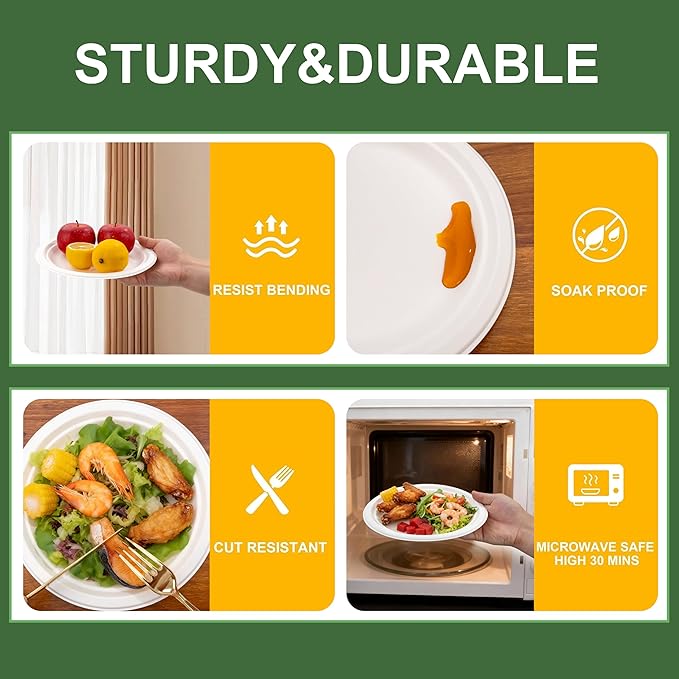DaYammi 100% Compostable Paper Plates 9 Inch, 125-Pack Heavy Duty Paper Plates Bulk,Biodegradable Bagasse,Eco-Friendly Disposable Dinner Plate for BBQ,Picnic,Party (BPI Certified,Microwaveable)