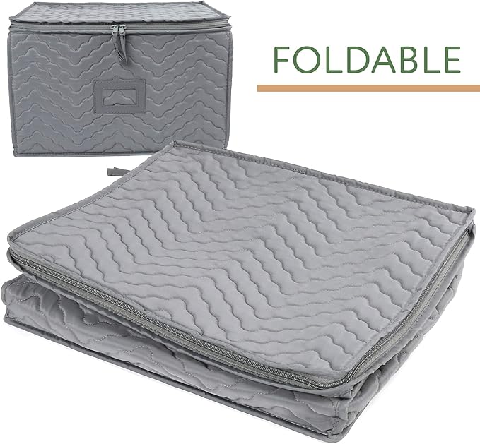 LotFancy Stemware Storage Container - Deluxe Quilted Storage Case with Dividers for 12 - Wine Glasses, Champagne Flutes, Glassware, Drinkware Storage Box Chest, 15.5"x12.5"x 10", Gray
