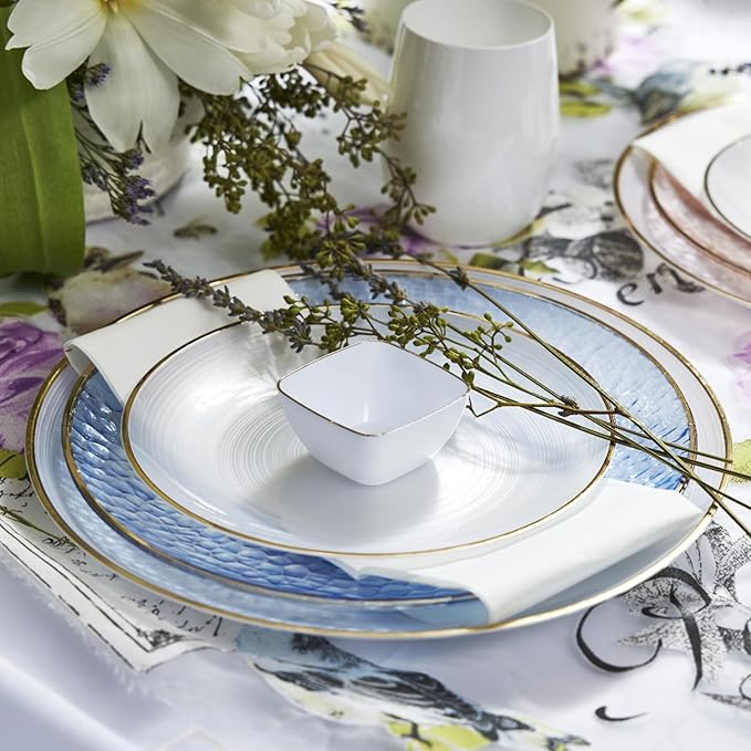 R-kay 100 Pack Blue Plastic Plates - 6 Inch Hammered With Gold Rim, Sturdy, Durable And Extra Heavy duty Blue Dessert Plates Disposable - Ideal For Appetizer And And For Desserts.