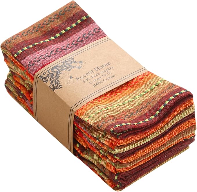ACCENTHOME 100% Cotton Salsa Stripe Napkin Set of 6 18x18 inch Red/Rust Multicolour Dinner Napkins - Washable Soft Premium Hotel Quality Reusable Perfect Table Linen for Family Dinners Weddings