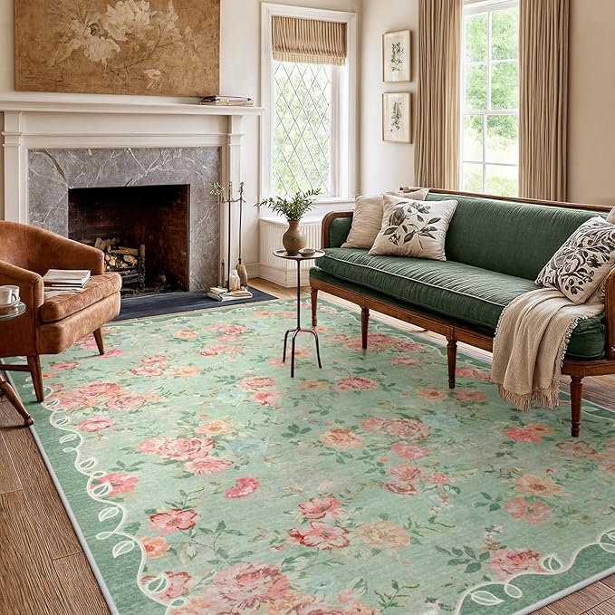 Lahome Washable Rugs 8x10,Boho Green Rugs for Living Room,Floral Vintage Bedroom Rug Non Slip Carpet for Living Room Farmhouse,Dining Room,Kids Playroom (8'X10',Green)