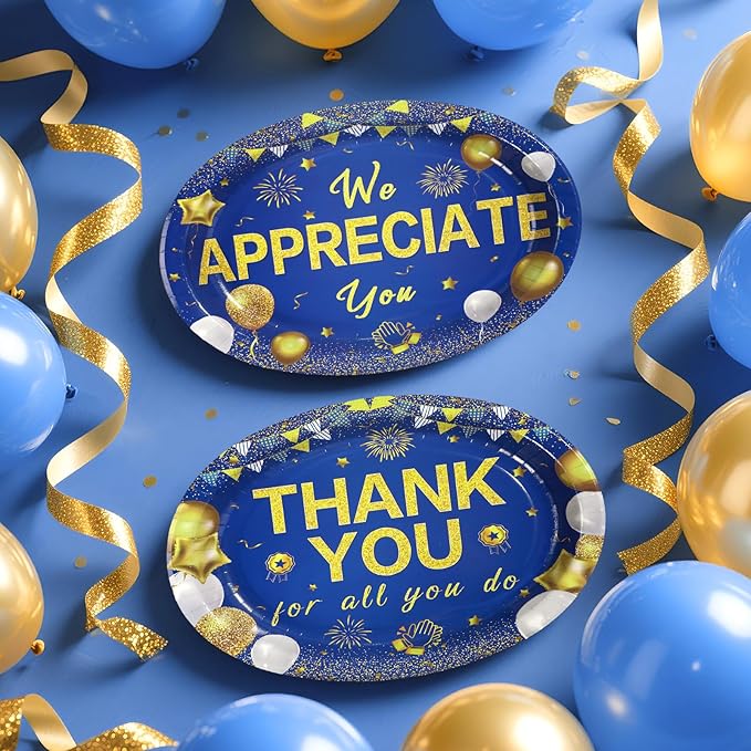50Pcs Thank You Party Decorations We Appreciate You Oval Paper Plates 10" x 12" Heavy Duty Blue Gold Appreciation Paper Plates for Teacher Employee Staff Volunteer Appreciation Party Supplies