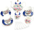 fanquare 21-Piece Blue Lace Porcelain Tea Set, China Coffee Cup and Saucer Set by fanquare