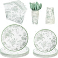 175Pcs Sage Green Floral Paper Plates and Napkins 25 Guests Green Toile by FromTablestoTales
