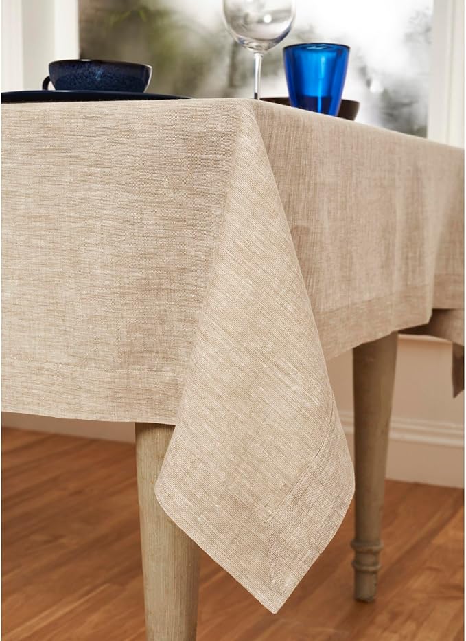 Solino Home Linen Tablecloth 90" L x 60" W Inch – 100% Pure Linen Champagne Beige Tablecloth – Machine Washable Rectangle Tablecloth for Holiday Decor – Athena