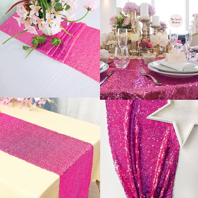 12 Packs 12 X 72 Inch Hot Pink Sequin Table Runner Glitter Dining Table Runner - Image 6