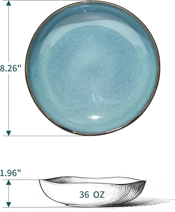 Pasta Bowls Set of 6, 36 Oz Ceramic Bowl Plates, Microwave Safe Bowl Sets, Deep Serving Bowls for Vegetable, Spaghetti, Noodle, Highly Durable Reactive Glazed, Green Black
