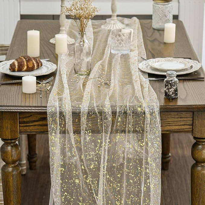 Artoid Mode Beige Gold Gauze Table Runner 120 Inch 10FT, Glitter Metallic Foil Sheer Dining Wedding Anniversary Holiday Birthday Table Decor for Home Party