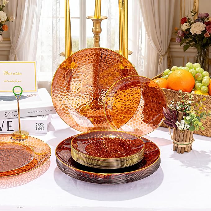 Rubtlamp 175 Pcs Plastic Dinnerware Set, Amber And Gold Plastic Plates - Image 3