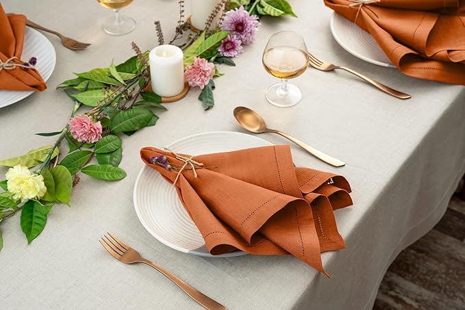D'Moksha Homes Rust Linen Napkins Set of 4 - Classic Hemstitch 100% Pure Linen Hemstitch Dinner Napkins 20 x 20 Inch for Spring, Easter - Handcrafted and Machine Washable