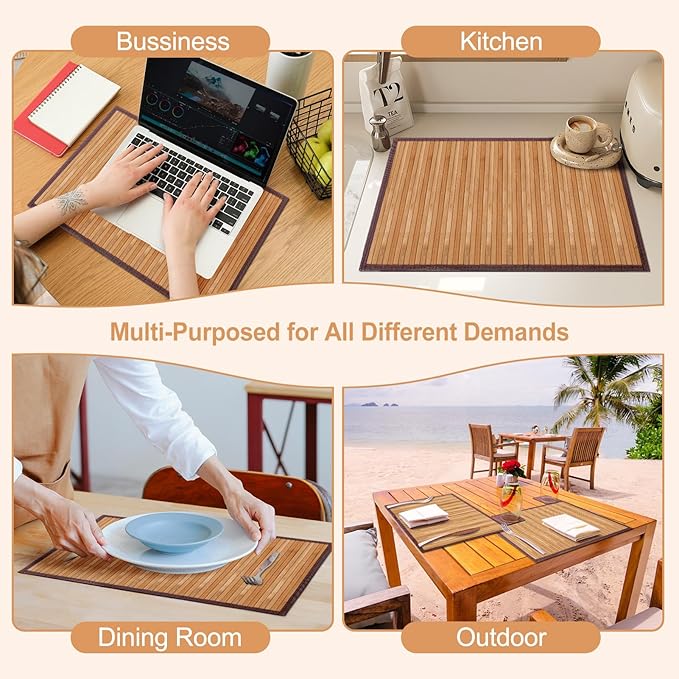 Bamboo Placemats with Fabric Border Set of 4 Natural Bamboo Rectangular Rolling Table Mats for Dining Kitchen Table Heat Resistant Table Protection Light Brown