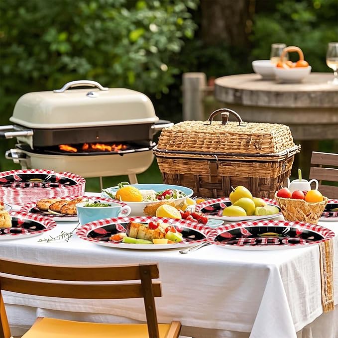 Grencian 50 Pcs BBQ Birthday Party Supplies 10" × 12" Large Red Gingham and Black BBQ Oval Paper Plates Disposable Heavy Duty BBQ Party Plates for Picnic Barbecue Baby Shower Birthday Decorations