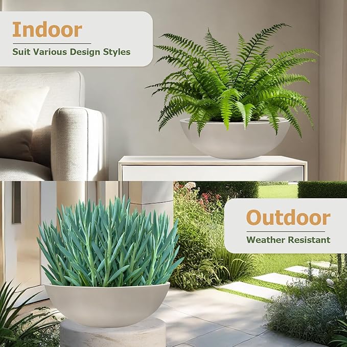 7.7" H x 22" D Round Bowl Fiberstone Planter for Succulent and Lotus with Drainage Hole, Smooth Finishes, Weather Resistant, Included 2 Extra Coco Mats (Taupe, 19.9" Pot Opening)