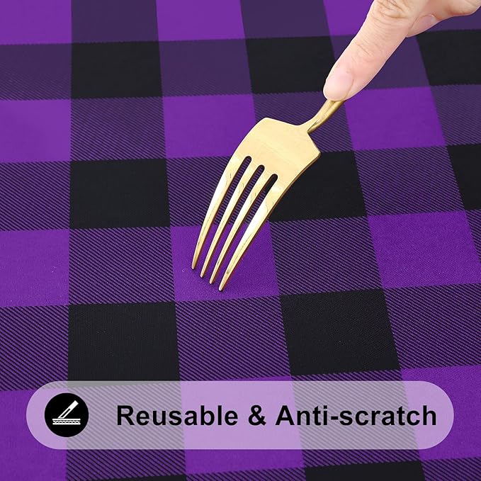 Smiry Rectangle Picnic Table Cloth, Elastic Waterproof Fitted Vinyl Tablecloths, Flannel Backed Buffalo Plaid Table Covers for Dining, Camping, Outdoor (Black and Purple, 30" x 96")