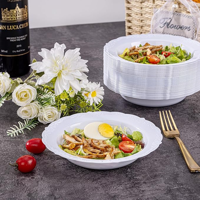 DaYammi 30 Pack White Plastic Bowls, 12oz Disposable Soup Bowls, White Soup bowls Disposable Heavy Duty Dinner Bowl for Weddings, Plastic Salad Bowl for Parties, Dinners, Catering and Everyday Use