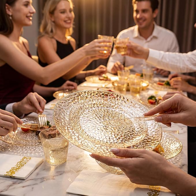 Rubtlamp 175 Pcs Gold Glitter Plastic Plates, Hammered Disposable Plates Set - Image 6