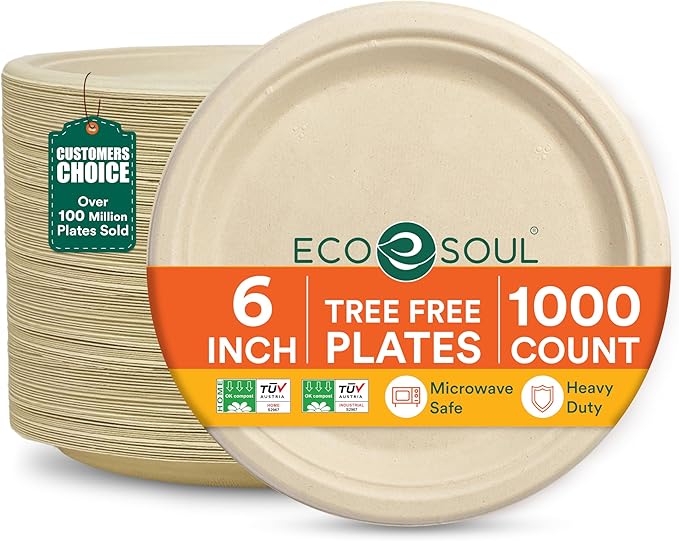 ECO SOUL Compostable Paper Plates 6 Inch (1000 Count) Plates for Dessert, Heavy Duty, Eco-Friendly Sugarcane Bagasse Small Plates For Appetizer- Natural Brown