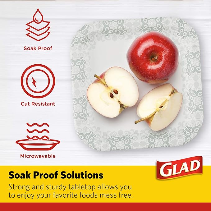 Glad Square Disposable Paper Plates, Grey Victorian Pattern - Strong, Sturdy, Soak Proof, and Microwavable Decorative Plates for Dinner and Everyday Use, 7 Inch, 50 Count