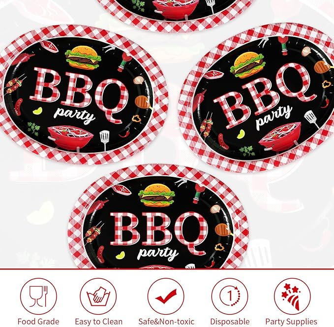 Grencian 50 Pcs BBQ Birthday Party Supplies 10" × 12" Large Red Gingham and Black BBQ Oval Paper Plates Disposable Heavy Duty BBQ Party Plates for Picnic Barbecue Baby Shower Birthday Decorations