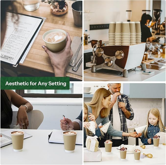 Disposable Coffee Cups 12 oz Paper Cups,50 Pack Compostable Cups Double Wall Hot Cups, BPI Certified PLA Coated Disposable Cups, Kraft Paper Coffee Cups for Everyday To-go Office Coffee Bar Supplies