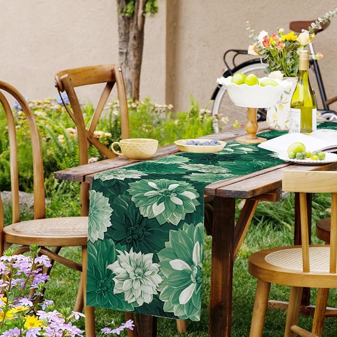 Deep Green Dahlia Flower Summer Table Runner Green Gray Burlap Table Runners - Image 9