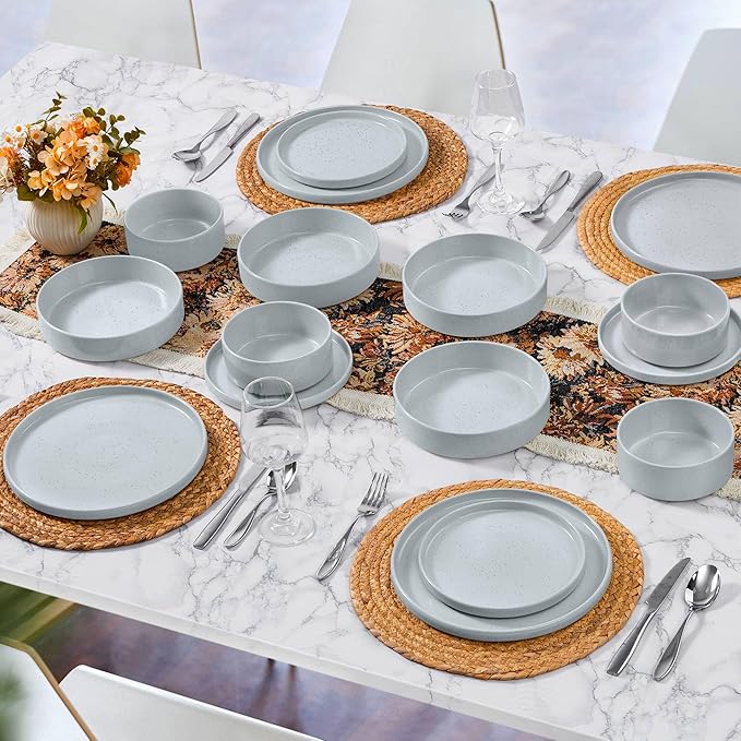 Herogo Stoneware Dinnerware Set with Salad Bowls, 24 Piece Kitchen Dinner Dish Set for 6, Plates and Cereal Pasta Bowls, Chip & Scratch Resistant Dishware, Speckled Light Gray