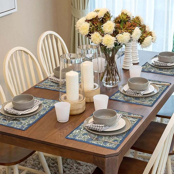Navy Blue Boho Placemats Set of 4 Sage Green Vintage Floral Decor Place Mats 12x18 Inch Flower Spring Summer Seasonal Decorative Linen Table Mats for Home Kitchen Dining Party Table Decoration