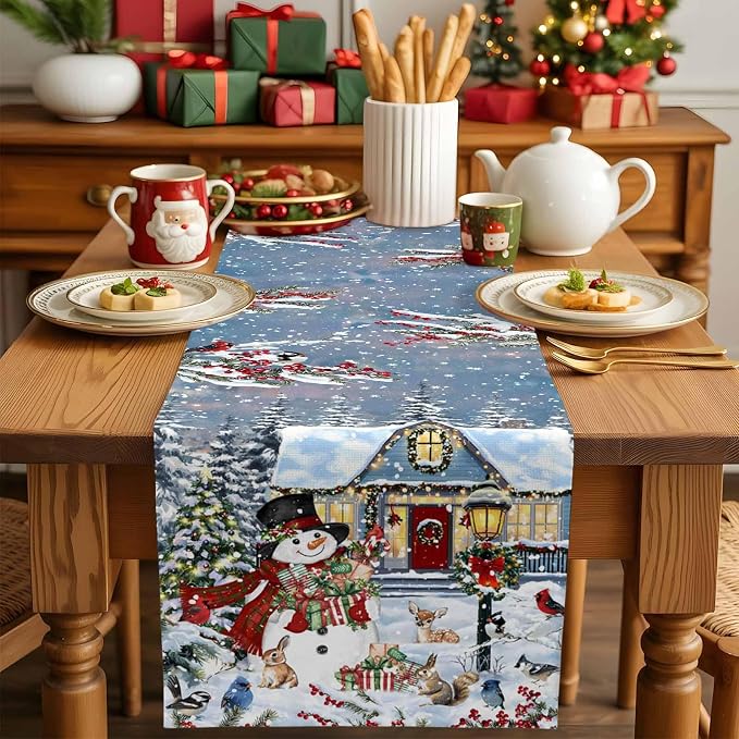 Merry Christmas Table Runner 70 Inches Long, Xmas Trees Snowman Snowflake Table - Image 5