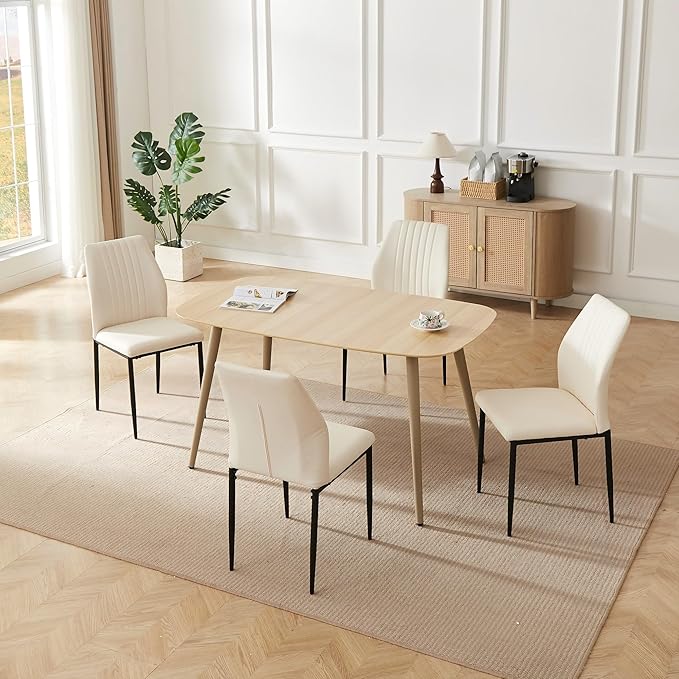 55.1" Modern Dining Table Set for 4, Scratch-Resistant Wood Table with 4 Black Leather Chairs, Stylish & Durable Dining Room Furniture, Space-Saving Kitchen Table Set for Family & Apartment