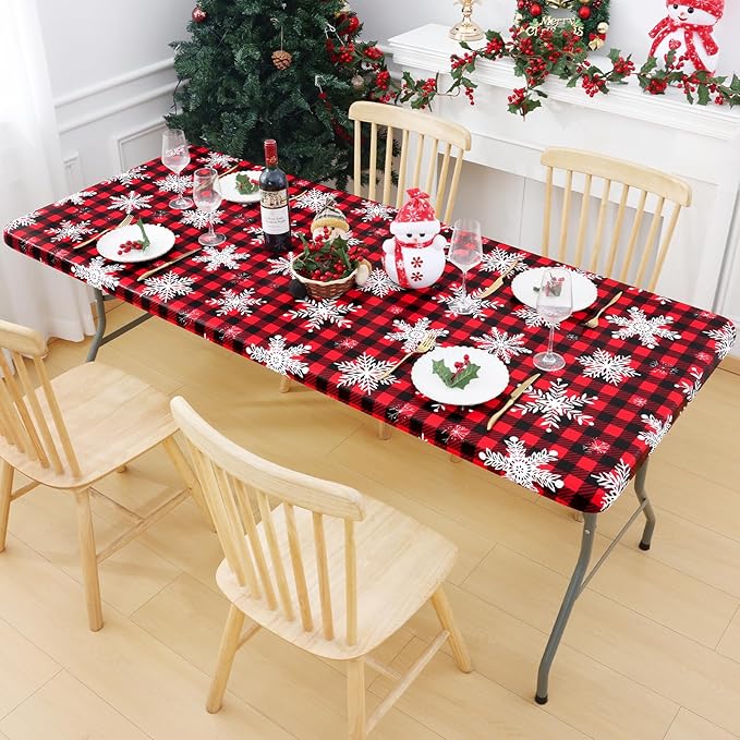 Smiry Plastic Christmas Tablecloth, Buffalo Plaid Waterproof Elastic Fitted Table Covers, Wipeable Flannel Backed Vinyl Tablecloths for Dinner, and New Year Celebration (Black & Red, 30x96 Inches)