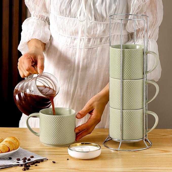 HASENSE Coffee Mugs Set with rack, 15 Ounce Porcelain Stackable Large Coffee Cups Set of 4 with handle for Drinks Like Tea, Cappuccino, Milk, Mocha and Cereal, Microwave & Dishwasher Safe, Green