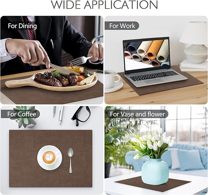 Faux Leather Placemats Set of 8 Washable PU Table mats for Kitchen Table - Heat Resistant, Waterproof, Easy Clean, Anti Slip 11.8" x 17" (Dark Brown-8 Pack)