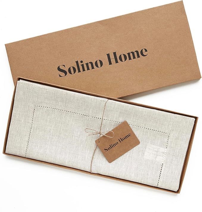 Solino Home Linen Light Natural Table Runner 132 Inches Long - 100% Pure Linen Extra Long Table Runner 14 x 132 Inch for Spring, Easter - Classic Hemstitch