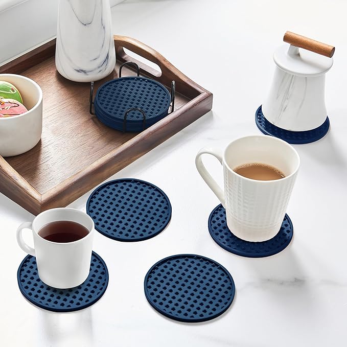 Coasters for Drinks, Silicone Coasters Set of 6 with Metal Holder, Outdoor Coaster for Coffee Table, Non-Slip Rubber Table Cup Mat Desk, Heat Resistant & Scratch-Proof (Navy Blue)