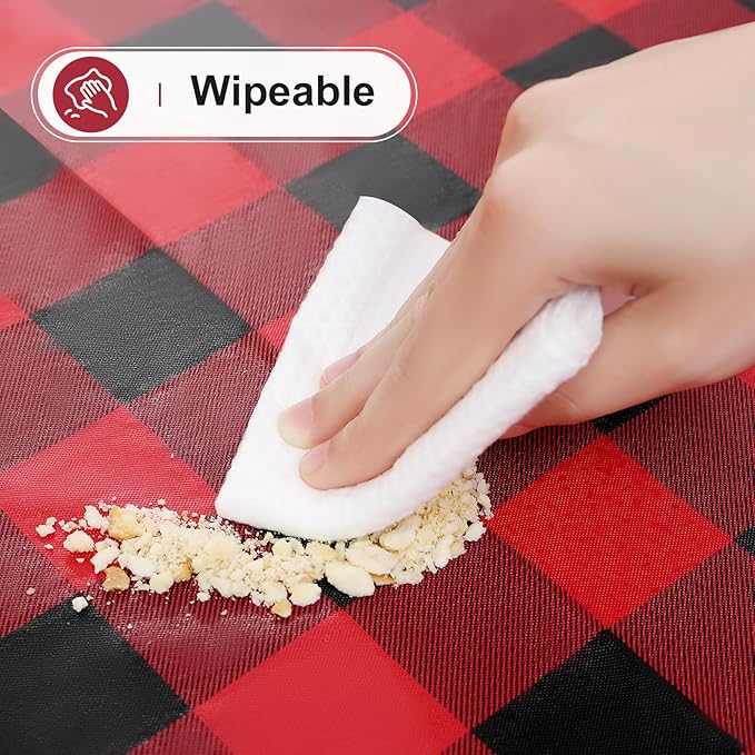 misaya Rectangle Waterproof Vinyl Table Cloth, Buffalo Flannel Backed Tablecloth, Wipeable Plastic Table Cover for Christmas (60" x 84", Red and Black)