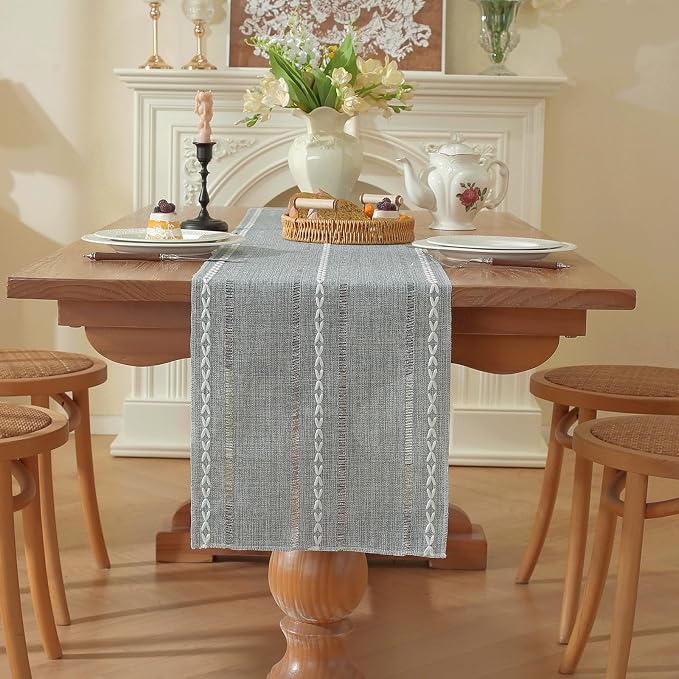 Boho Cotton Linen Blue Table Runner, Farmhouse Woven Table Runners Spring - Image 6