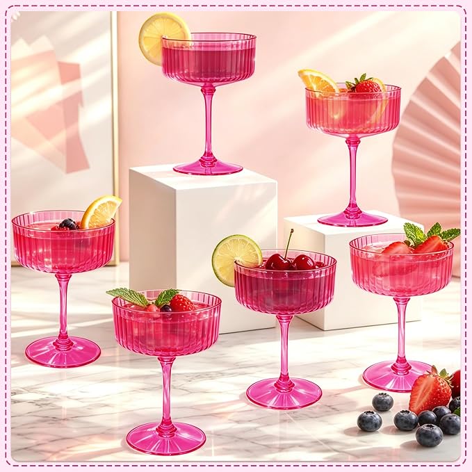 24PCS Plastic Martini Glasses, Hot Pink Disposable Coupe Cups | 10oz Acrylic - Image 4