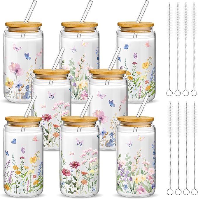 Mumufy 8 Pack Wildflower Glass Cups Gift Aesthetic Cute Glass Cup Tumbler by Mumufy