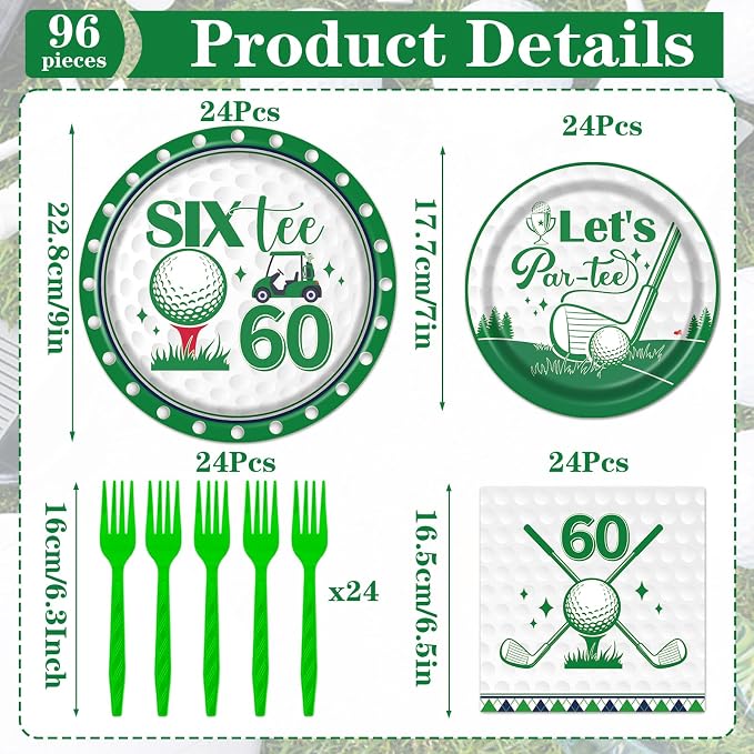 Rakuto Golf 60th Birthday Party Decorations 96PCS Plates Napkins Forks | Golf - Image 2