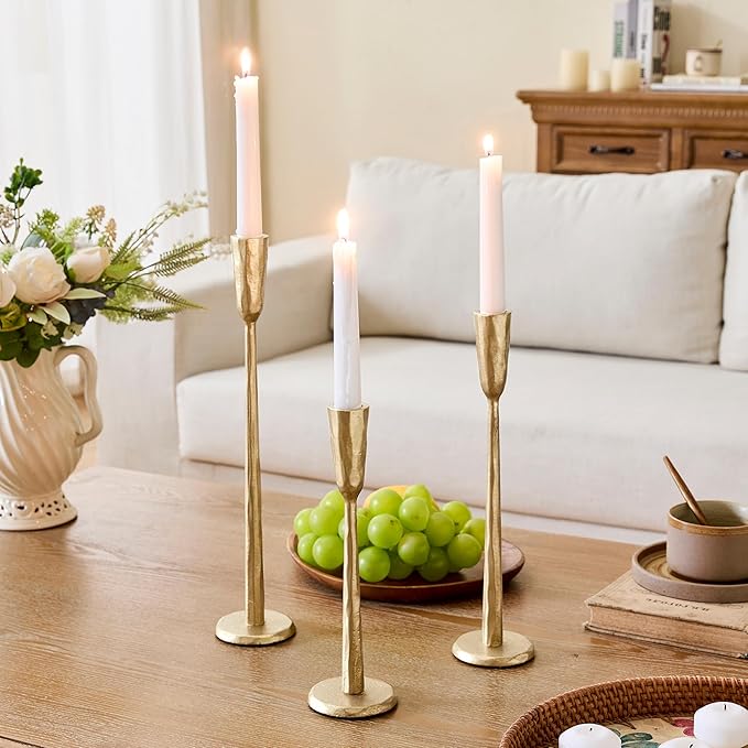 Cast Iron Taper Candle Holder Set of 3, Heavyweight Tall Candlestick Holders, Antique Gold, for Fireplace Mantle & Dining Table, Versatile Decor for Wedding, Holiday, Home & Christmas