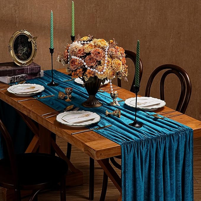 Peacock Blue Velvet Table Runner 29x120 Inch Luxury Retro Thick Runners | 10ft - Image 2