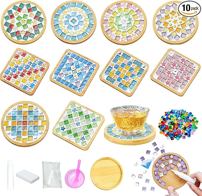 Airsnigi 10 Set DIY Mosaic Tiles for Crafts Mixed Color Mosaic Kits with Wooden Coasters Handmade Glass Coasters Crafts Set for Adult Creative Handmade Home Decoration Christmas Gift