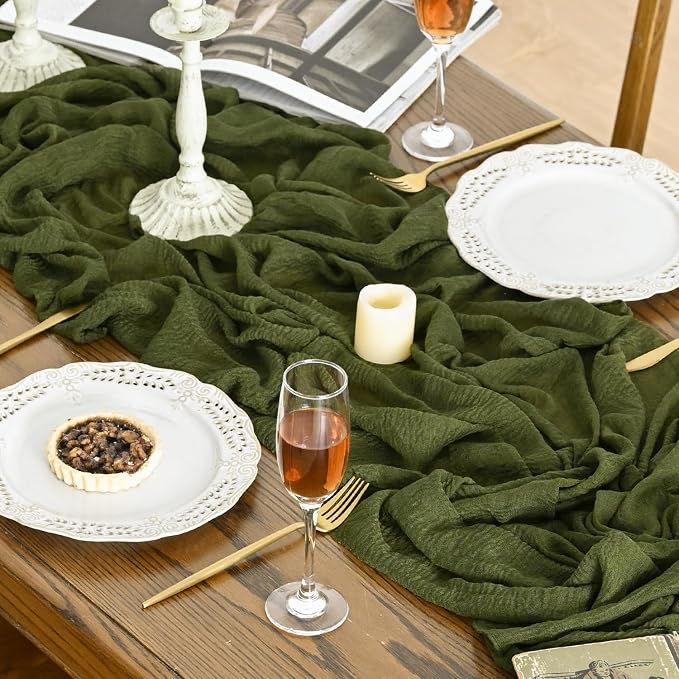 Artoid Mode 3PC Boho Cheesecloth Gauze Olive Green Wedding Table Runner - Image 3
