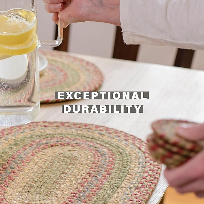 Homespice Azalea Jute Braided Placemats, Warm Country Primitive Decor, Set of 4, Multicolor 13x19 Oval Table Mats - Vibrant Colors, Durable, Easy to Clean and Protects Furniture