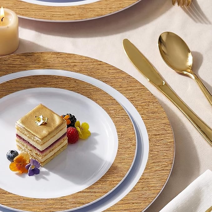 I00000 102 Pcs Wood Grain Brown Plastic Plates, Brown Party Plates Premium Plastic Disposable Plate Disposable Include 51 Dinner Platos 10" & 51 Dessert Platos 7", Elegant Wood Grain Design for Party