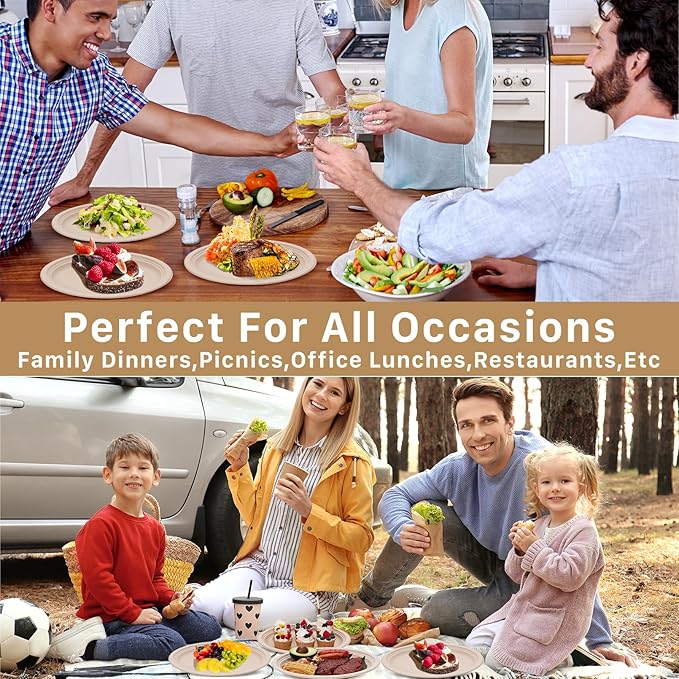 50 Pack Oval Paper Plates, 12 Inch Disposable Paper Plates Heavy Duty,Compostable Oval Plate, Natural Bagasse Sugarcane Plate for BBQ Party Picnic Gathering, Natural Brown