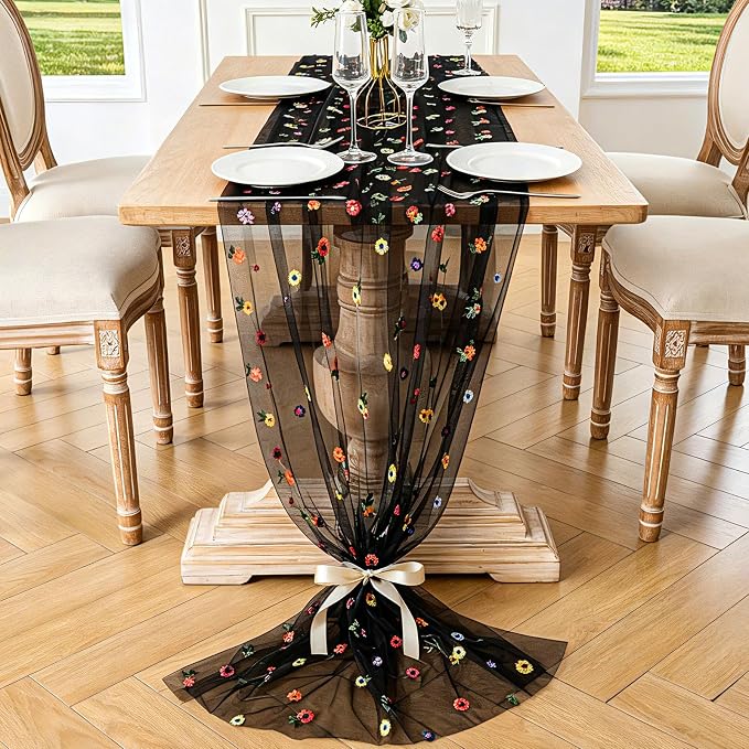BINBE 1pcs Black Daisy Spring Table Runner Embroidery Gauze 10FT Florals - Image 2